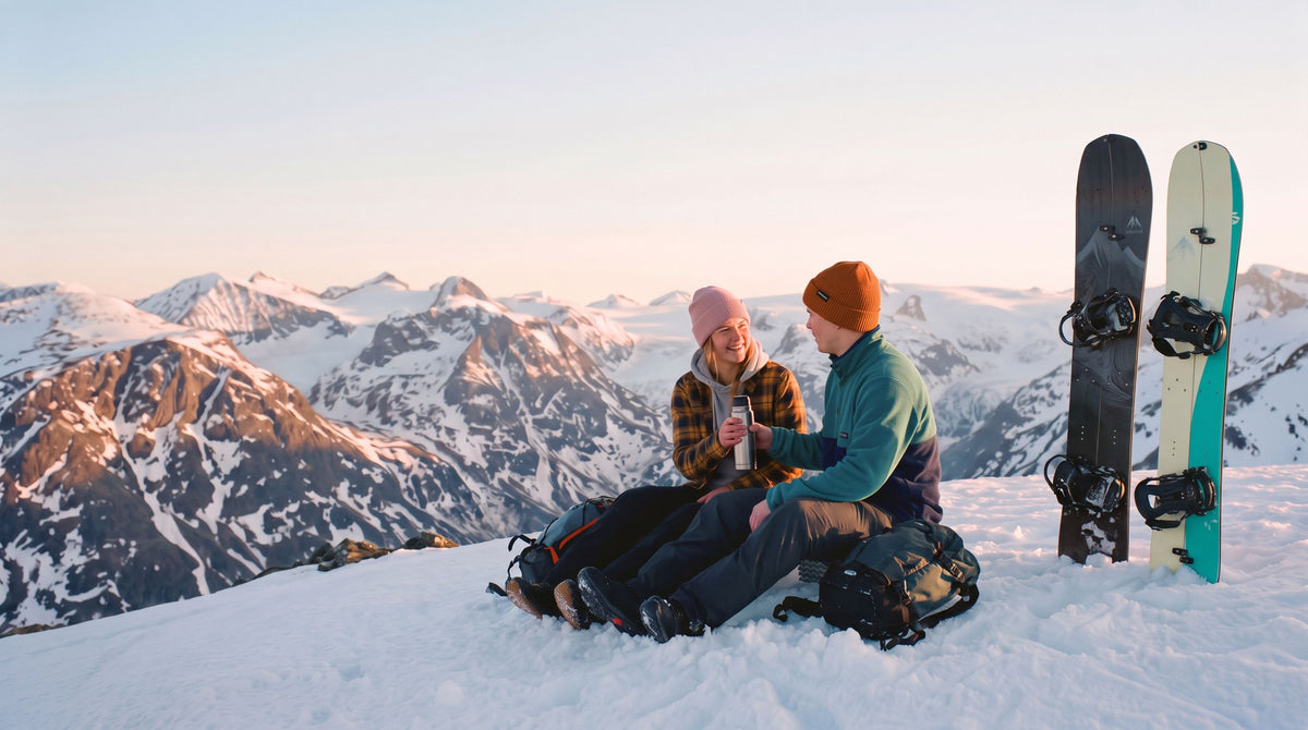To venner deler kaffe på en snødekt fjelltopp i solnedgang, med splitboards i snøen – kledd i Pure Madness merinoluer, flanell og fleece