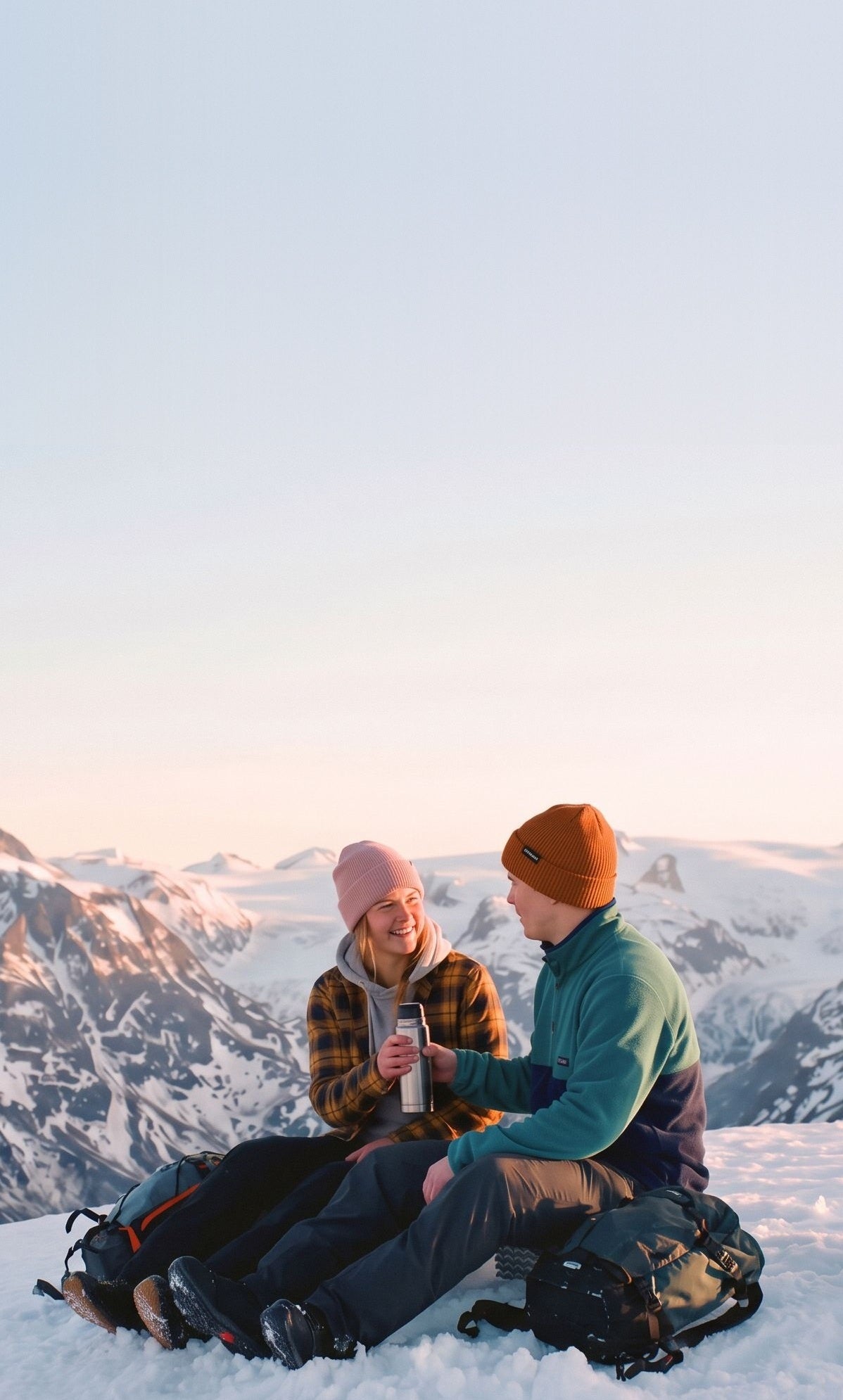 To venner deler kaffe på en snødekt fjelltopp i solnedgang – kledd i Pure Madness merinoluer, flanell og fleece