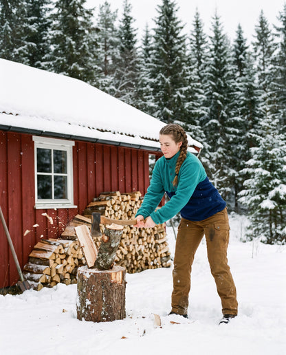Polar Fleece – kvinne hugger ved ved en rød hytte i snøvær